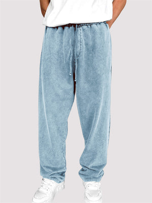 Men's Autumn Solid Color Cotton Distressed Drawstring Straight Trousers