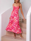 Female Spaghetti Strap French Style Printed Low-cut Dress