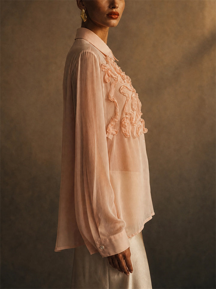 Women Pink 3D Floral Sheer Long Sleeve Chiffon Button Blouse