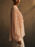 Women Pink 3D Floral Sheer Long Sleeve Chiffon Button Blouse