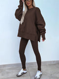 Women's Autumn Loose Solid Color Round Neck Split Hem Sweatshirts & Sweatpants Outfit
