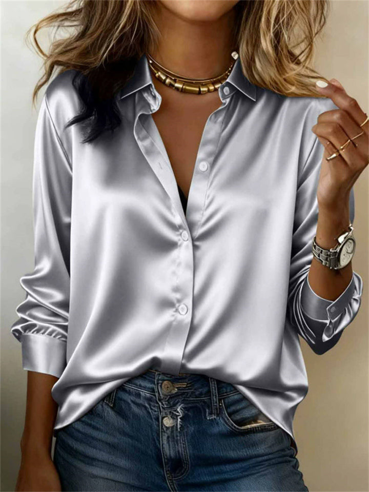 Women's Casual Satin Long Sleeve Button Up Office Blouses