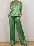Women's Causal Solid Color Satin Round Neck Shirt &Pants Set