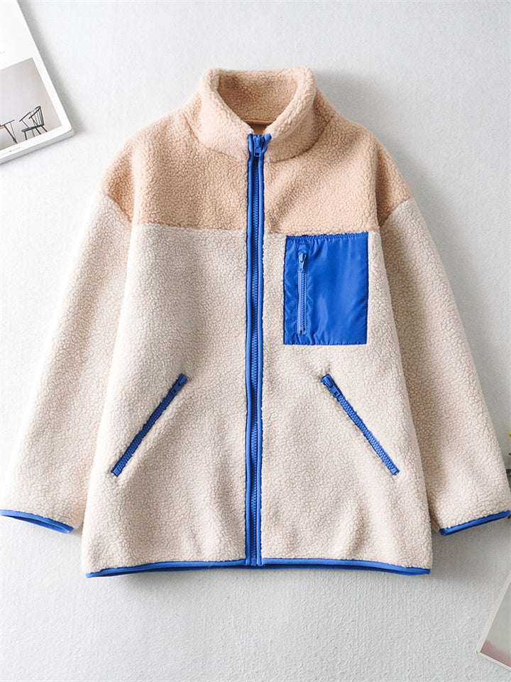 Women's Trendy Contrast Color Simple Zip Up Fleece Coat