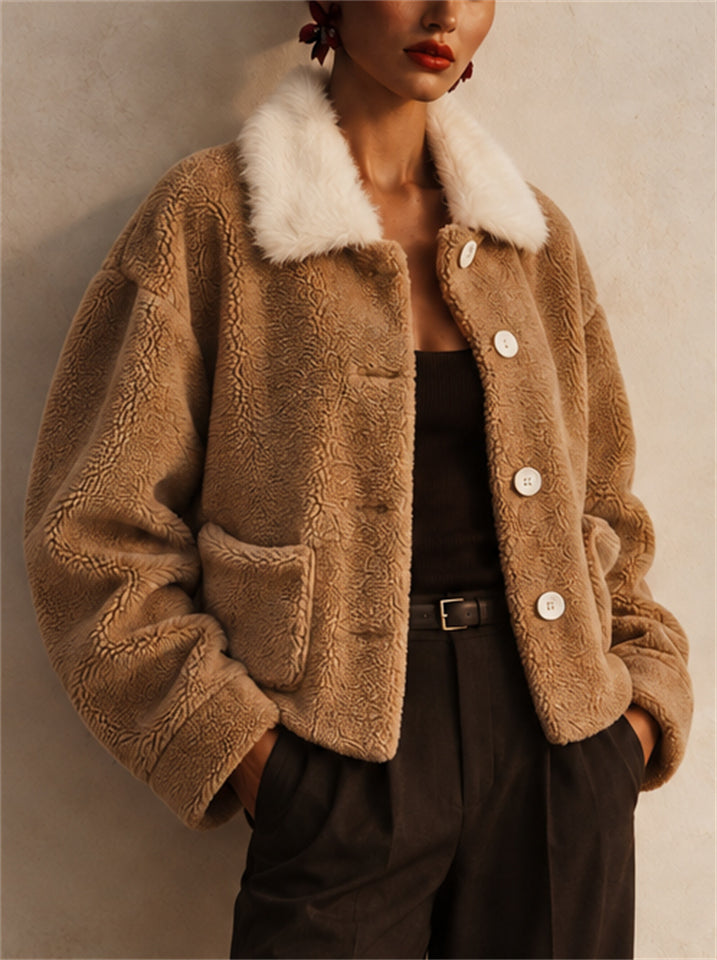 Women Stylish Button Down Faux Fur Collar Pockets Teddy Jacket