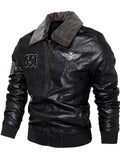 Men's Winter Fleece Lined Faux Leather Bomber Jacket with Faux Fur Collar