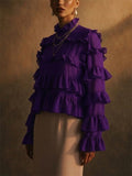 Women Ruffle Mock Neck Long Sleeve Chiffon Blouse