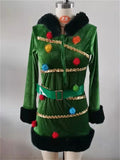 Women's Green Christmas Performance Costume Zip Up Pullover Hooded Dress