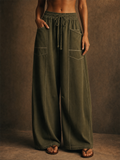 Women High Waist Contrast Trim Drawstring Wide Leg Scimitar Pants
