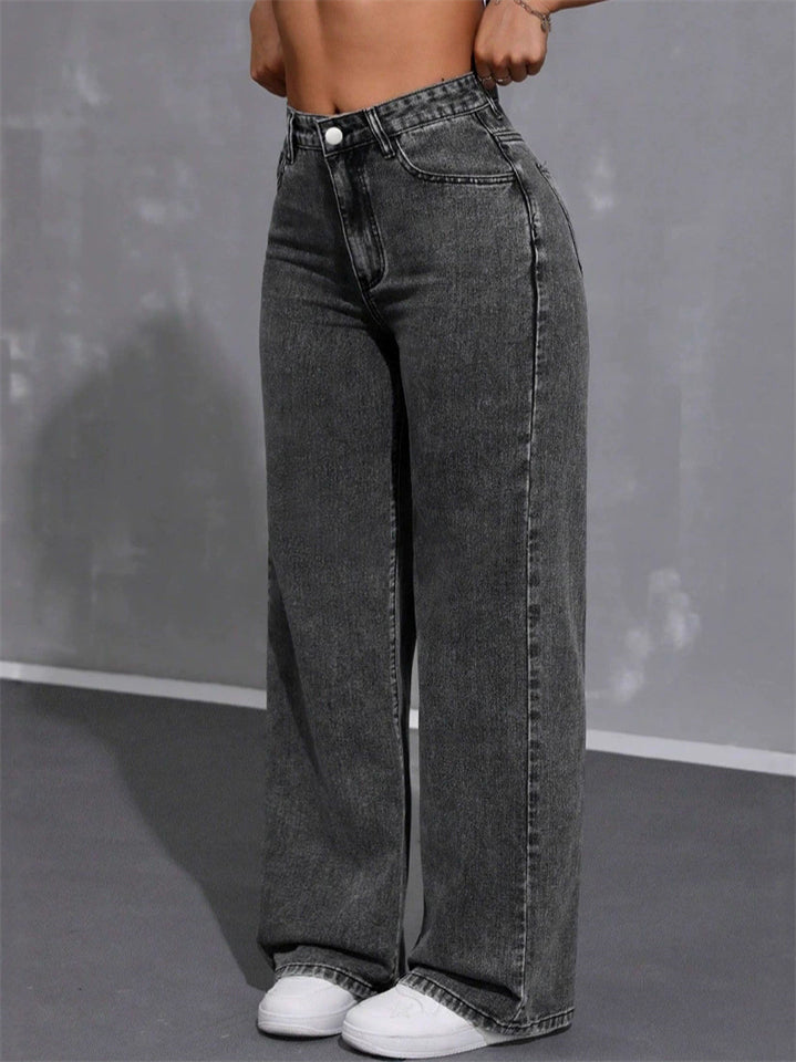 Women's Vintage Mid-Waisted Wide Leg Jeans Washed Denim Pants