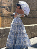 Blue Floral Print Organza Princess Dress