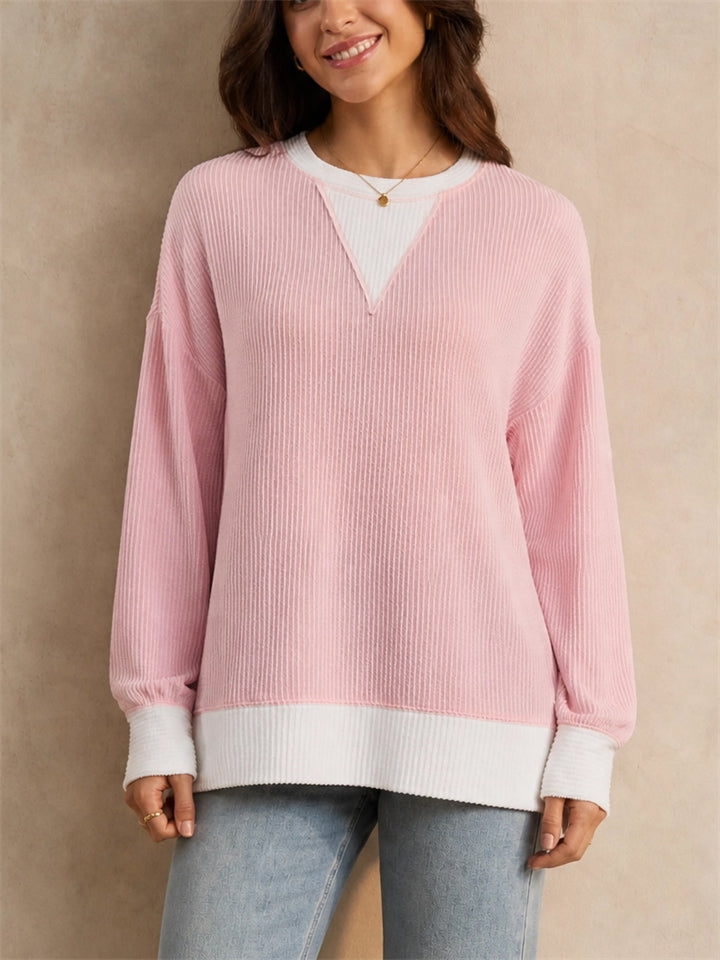 Women Loose Ribbed Color Block Pullover Casual Sweatshirts