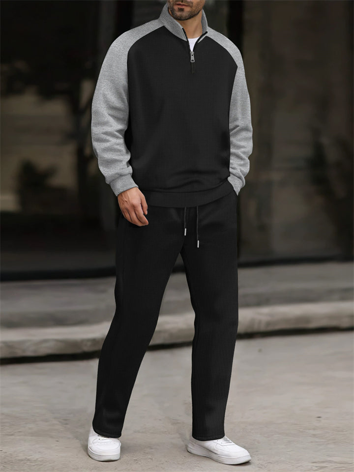 Men's Stand Collar Half-zipper Pullover Contrast Color Sweatshirts & Sweatpants Outfit