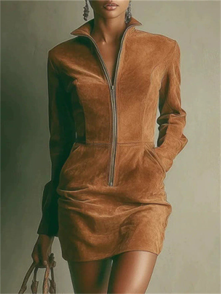 ‌Women's Vintage Brown Faux Suede Zipper Mini Dress