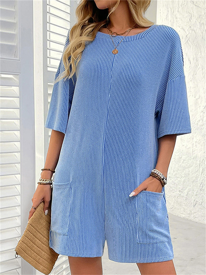 Women's Solid Color Stripe Loose Pockets SHort Sleeve Jumpsuits