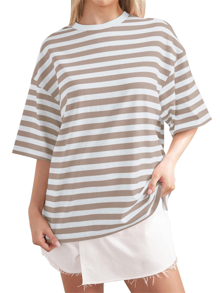 Casual Contrast Color Stripes Round Neck T-shirt for Women