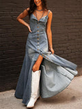 Women's Vintage Distressed ‌buttons Up Big Hem Strappy Denim Maxi Dress