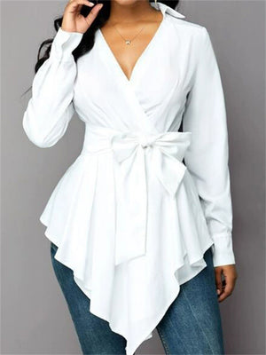 Women's Solid Color V Neck Asymmetric Hem Tie-waist Blouses