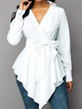 Women's Solid Color V Neck Asymmetric Hem Tie-waist Blouses