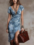 Womens Boho Floral Ruched High Slit V Neck Midi Dress