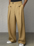 ‌Men's Casual High-Waist Pleated Suit Trousers with Button Details