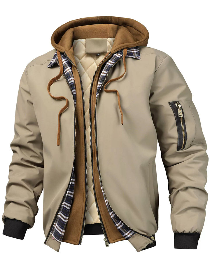 Men's Autumn Drawstring Plaid Trim Patchwork Hooded Jackets