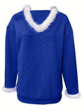 ‌Women's  V Neck Pullover Faux Fur Trim Sweater‌s