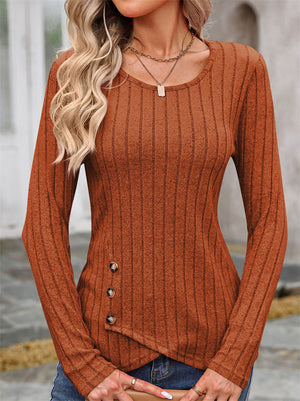 Women's Ribbed Knit Solid Color Round Neck Long Sleeve Shirts