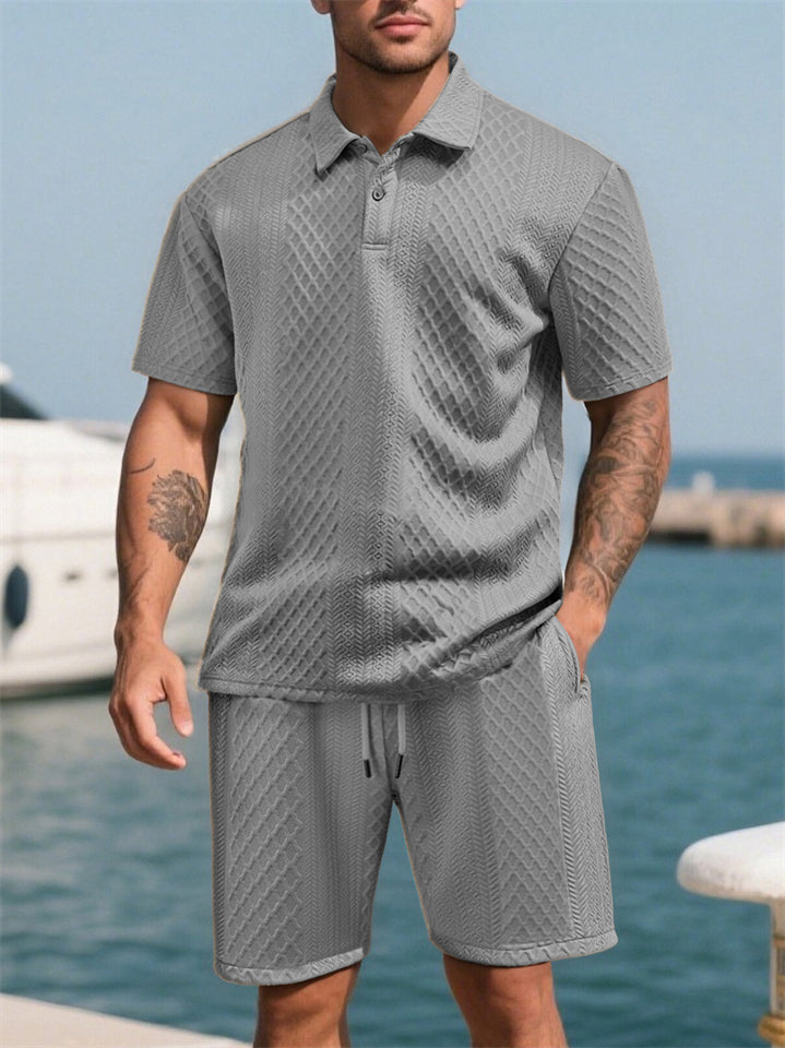 Men's Summer Beach Casual Diamond Pattern Jacquard Short Sleeve Shorts Set