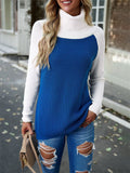 Contrast Color High Neck Cozy Pullover Knit Sweater for Women