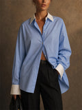 Women Light Blue Contrast Collar Oversized Button Down Shirt