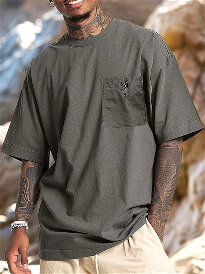 Men's Loose Solid Color Pockets Round Neck T-Shirts