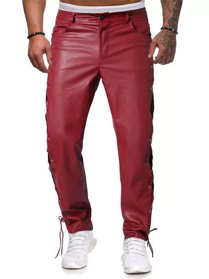 Male's Faux Leather Solid Color Side Lace Up Mid Rise Trousers