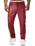 Male's Faux Leather Solid Color Side Lace Up Mid Rise Trousers