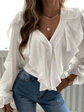 Women's Vintage Printed V Neck Ruffle Elegant Chiffon Shirt