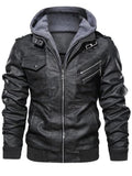 ‌Men's Stylish PU Leather Full-Zip Hooded Jacket with Pockets