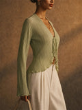 Women Sage Green Beige Plisse Tie Front Long Sleeve Cardigan Top