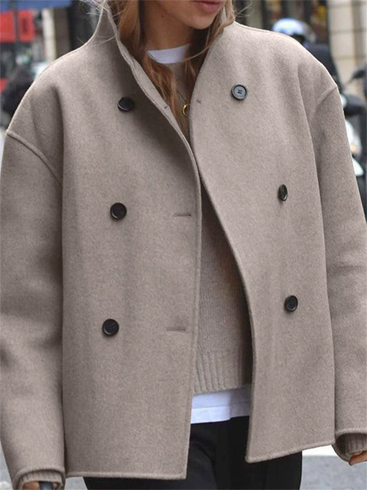 Women's Casual Solid Color Double-breasted Stand Collar Coats