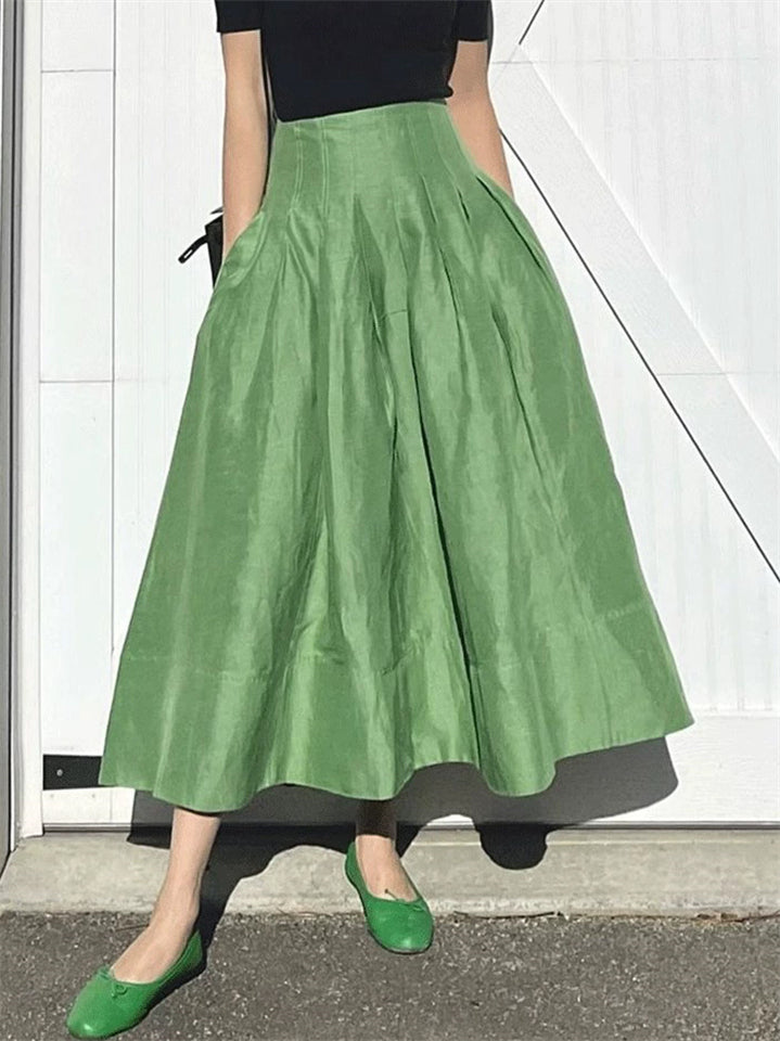 Women's Retro Green High Waist A-Line Midi Skirt