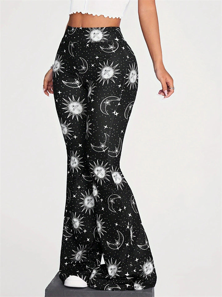 Women's Casual Celestial Print Flared Yoga Pants Stretchy Comfy Trousers