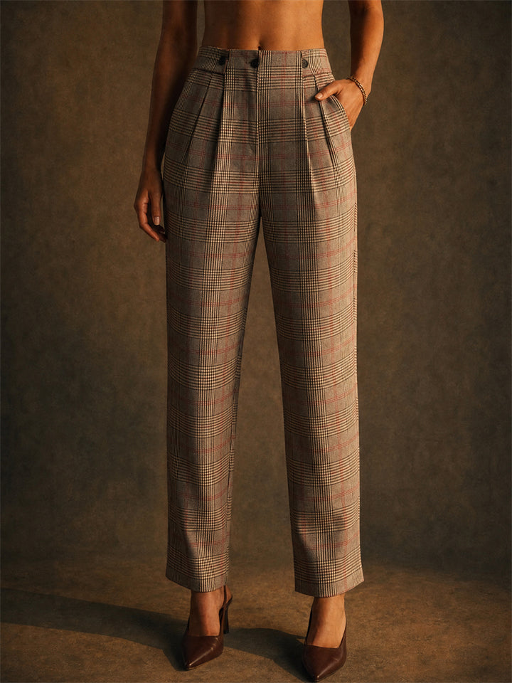 Womens High Waisted Pleated Straight Leg Plaid Work Pants