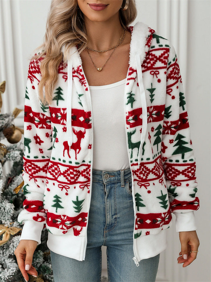 Women's Autumn Christmas Element Printed Fleece Long Sleeve Hooded Coat