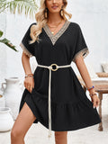 Women's Bohemian Lace V Neck Short Sleeve Ruffled Dress with Waistband