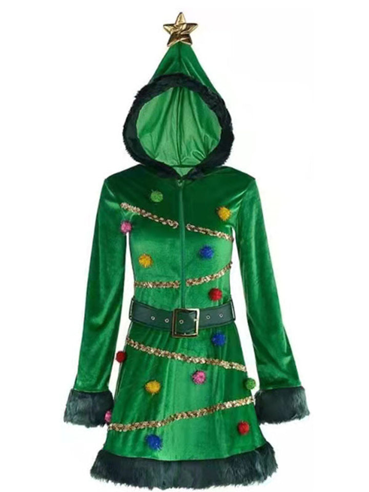Women's Green Christmas Performance Costume Zip Up Pullover Hooded Dress