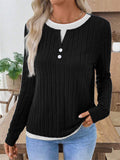 Women Simple Pullover Patchwork Collar Long Sleeve Knit Top