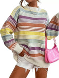 Women's Autumn Loose Rainbow Color Striped Round Neck Sweaters