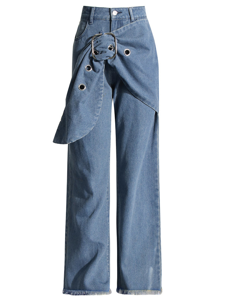 Korean Style Women's Patchwork Belted Wide Leg Denim Pants