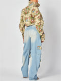 Women's 2Pcs Floral Jacquard Crop Top & Cargo Denim Pants Set