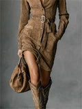 ‌Women's Autumn Suede Buttons Lapel Shirt Dress with Belt