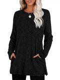 Women's Autumn Loose Round Neck Pockets Split Hem Long Sleeve Shirts